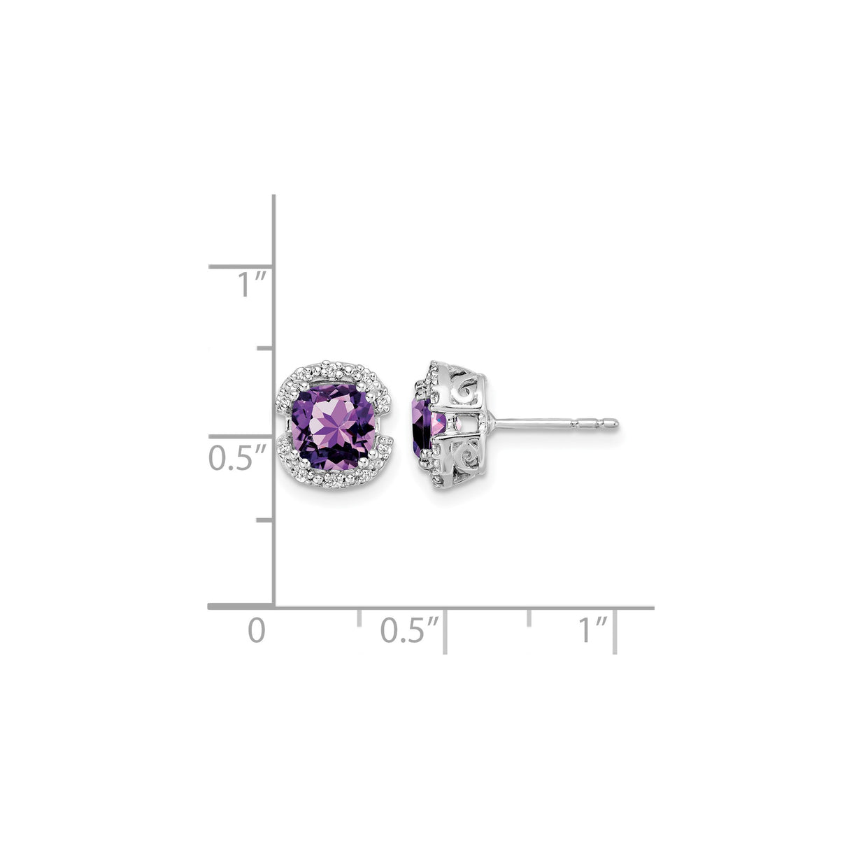14k White Gold Amethyst Stud Earrings with Diamond Halo and Scrollwork Design