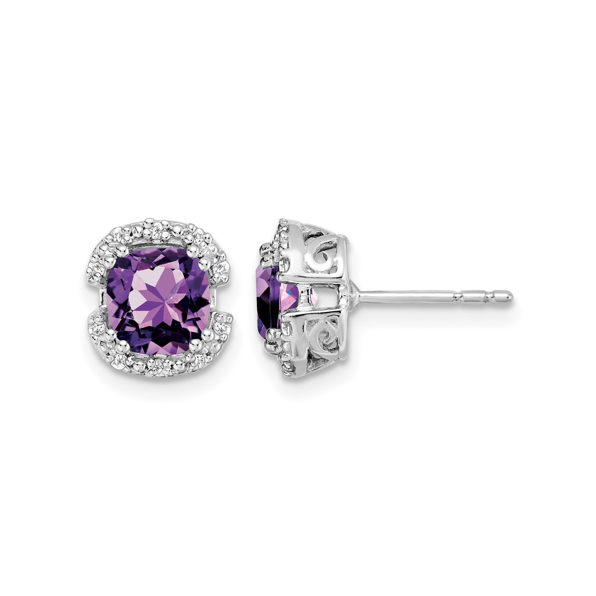 14k White Gold Amethyst Stud Earrings with Diamond Halo and Scrollwork Design