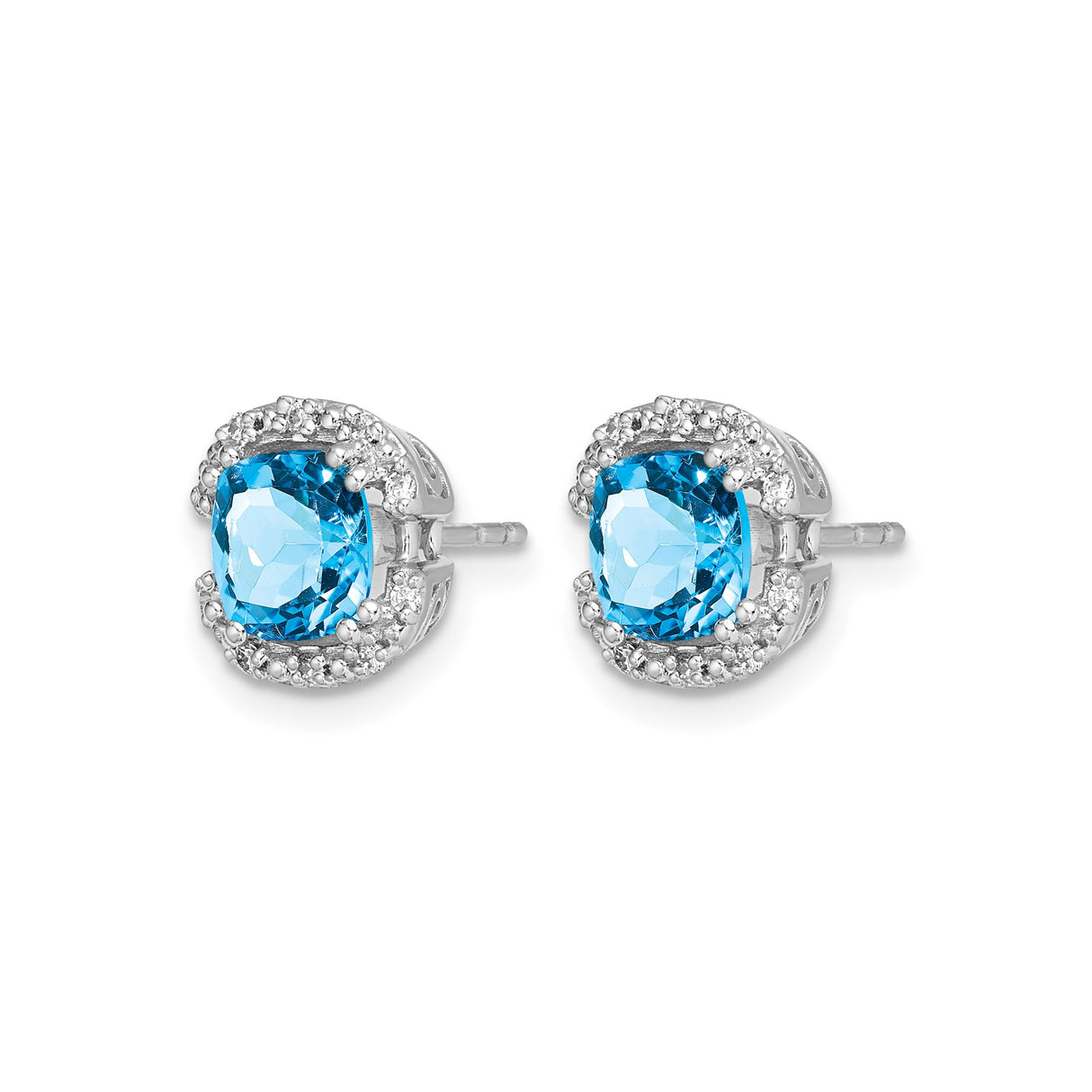 14k White Gold Stud Earrings with Swiss Blue Topaz and Diamond Halo Scrollwork