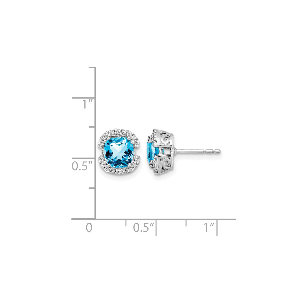 14k White Gold Stud Earrings with Swiss Blue Topaz and Diamond Halo Scrollwork