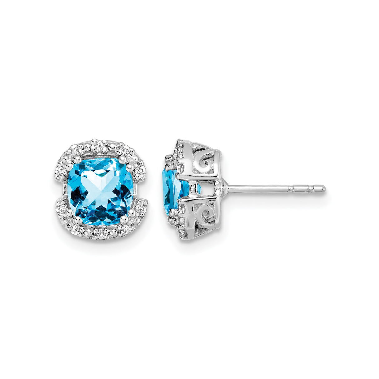 14k White Gold Stud Earrings with Swiss Blue Topaz and Diamond Halo Scrollwork
