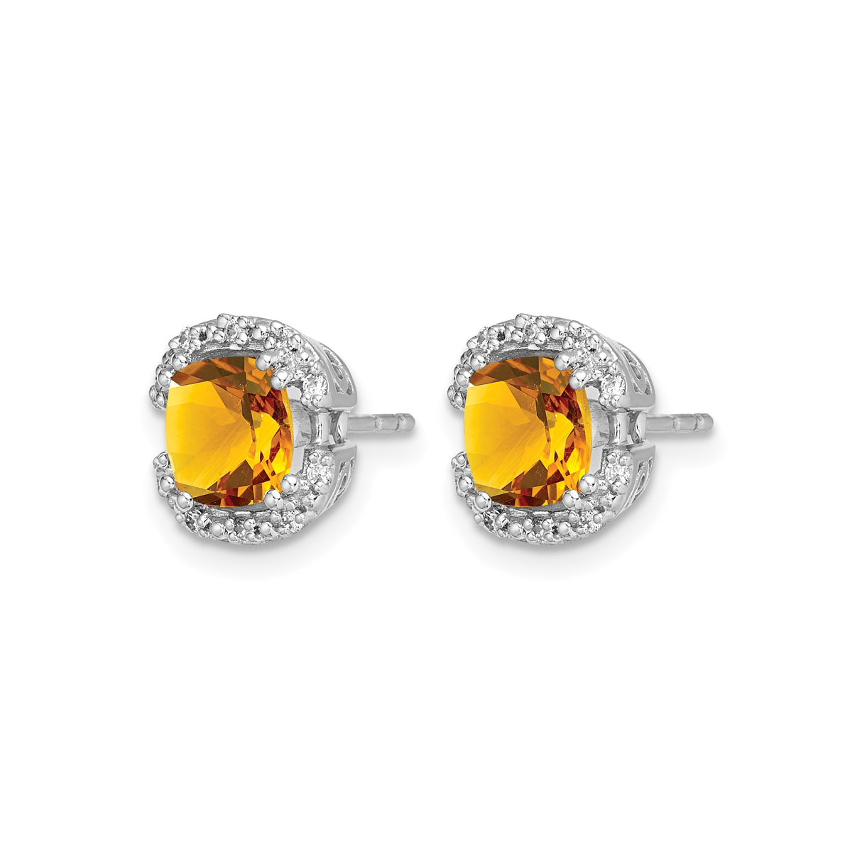 14k White Gold Citrine Stud Earrings with Diamond Accents, Halo Design, Scrollwork Detailing