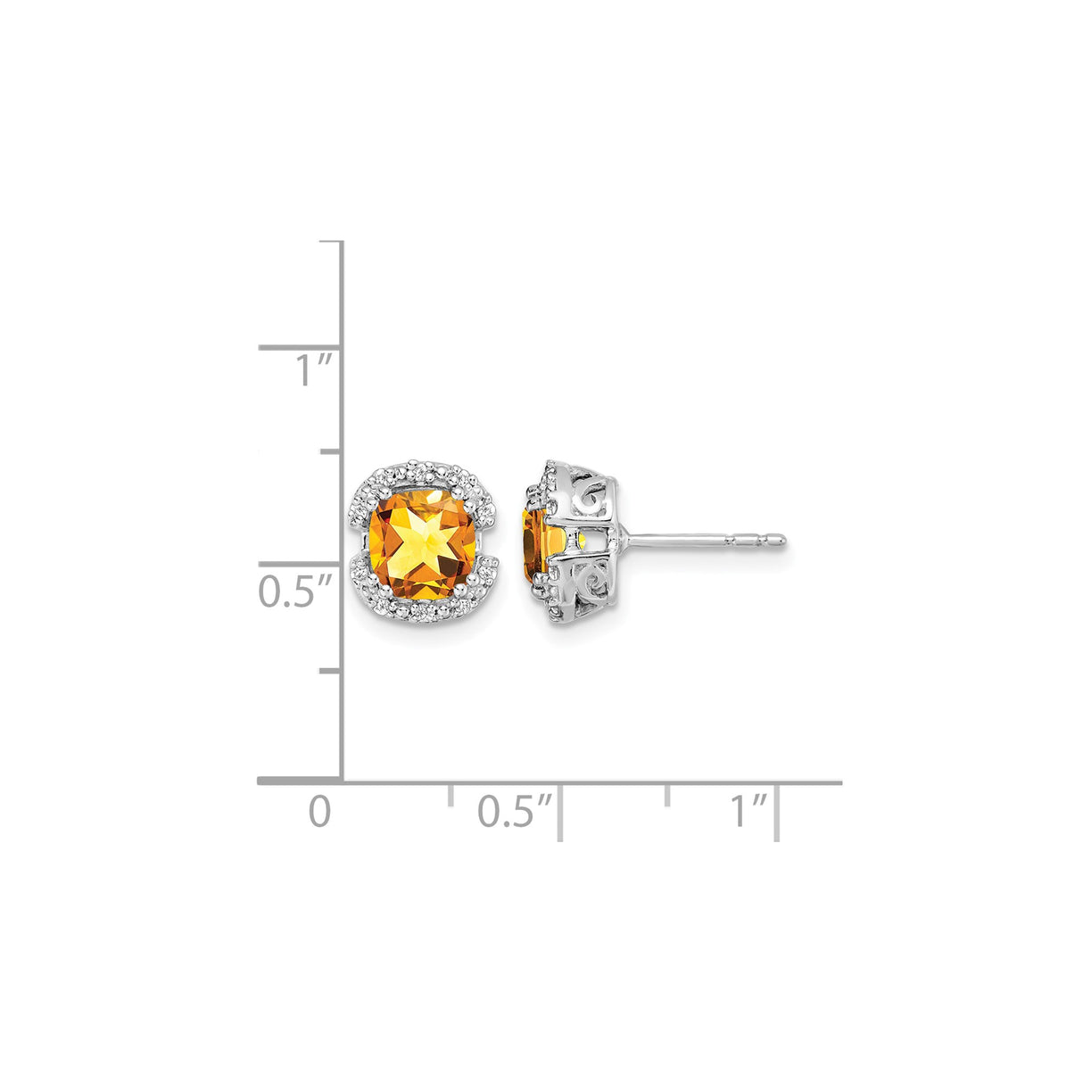 14k White Gold Citrine Stud Earrings with Diamond Accents, Halo Design, Scrollwork Detailing