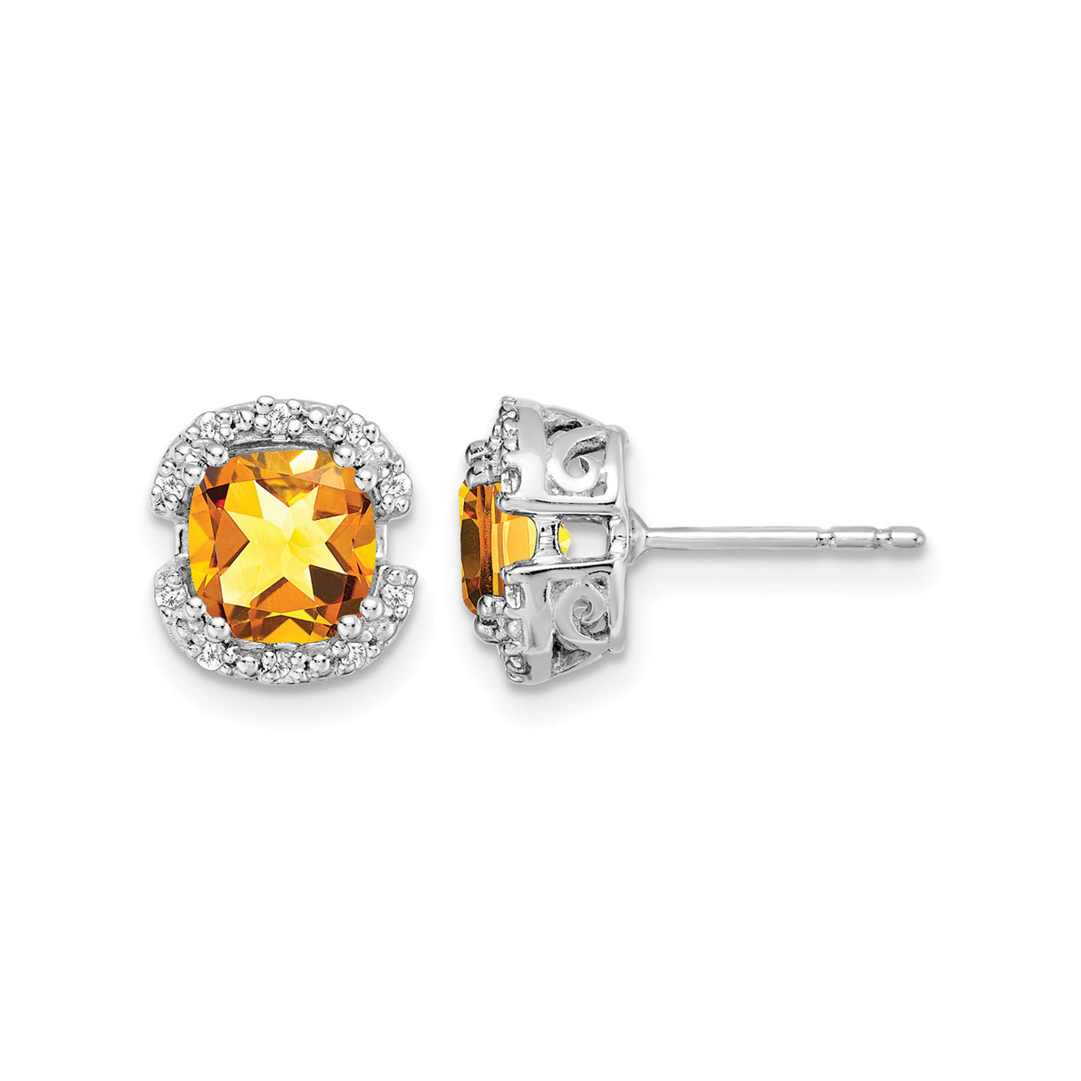 14k White Gold Citrine Stud Earrings with Diamond Accents, Halo Design, Scrollwork Detailing