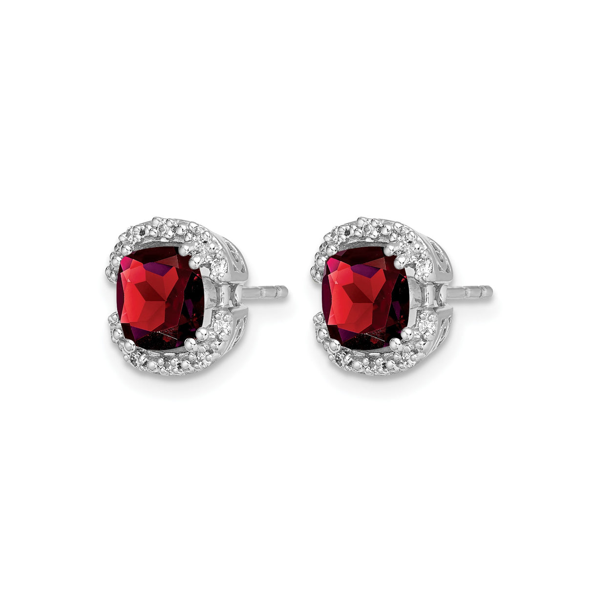 14k White Gold Stud Earrings with Garnet and Diamond Halo, Scrollwork Design