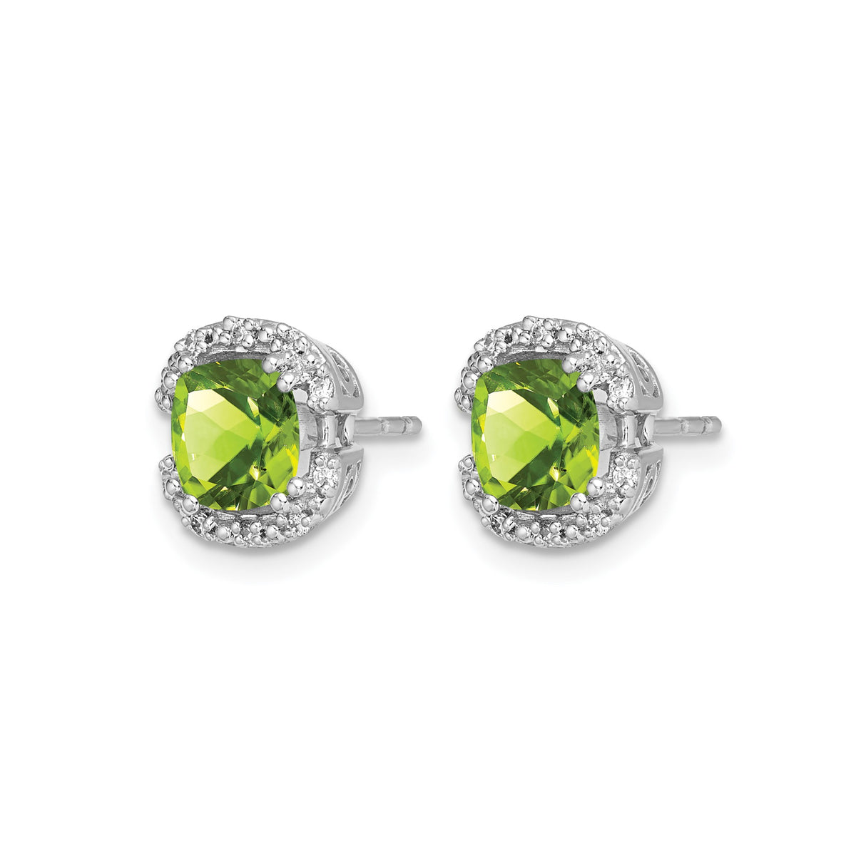14k White Gold Peridot and Diamond Halo Stud Earrings, Cushion Cut, Scrollwork Design
