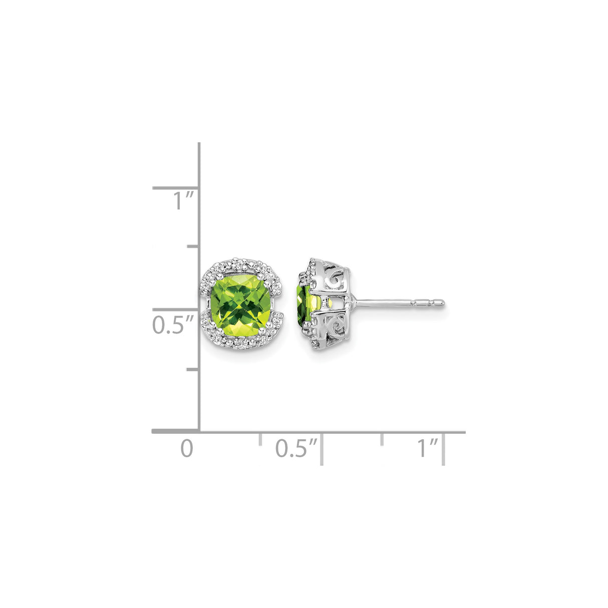 14k White Gold Peridot and Diamond Halo Stud Earrings, Cushion Cut, Scrollwork Design