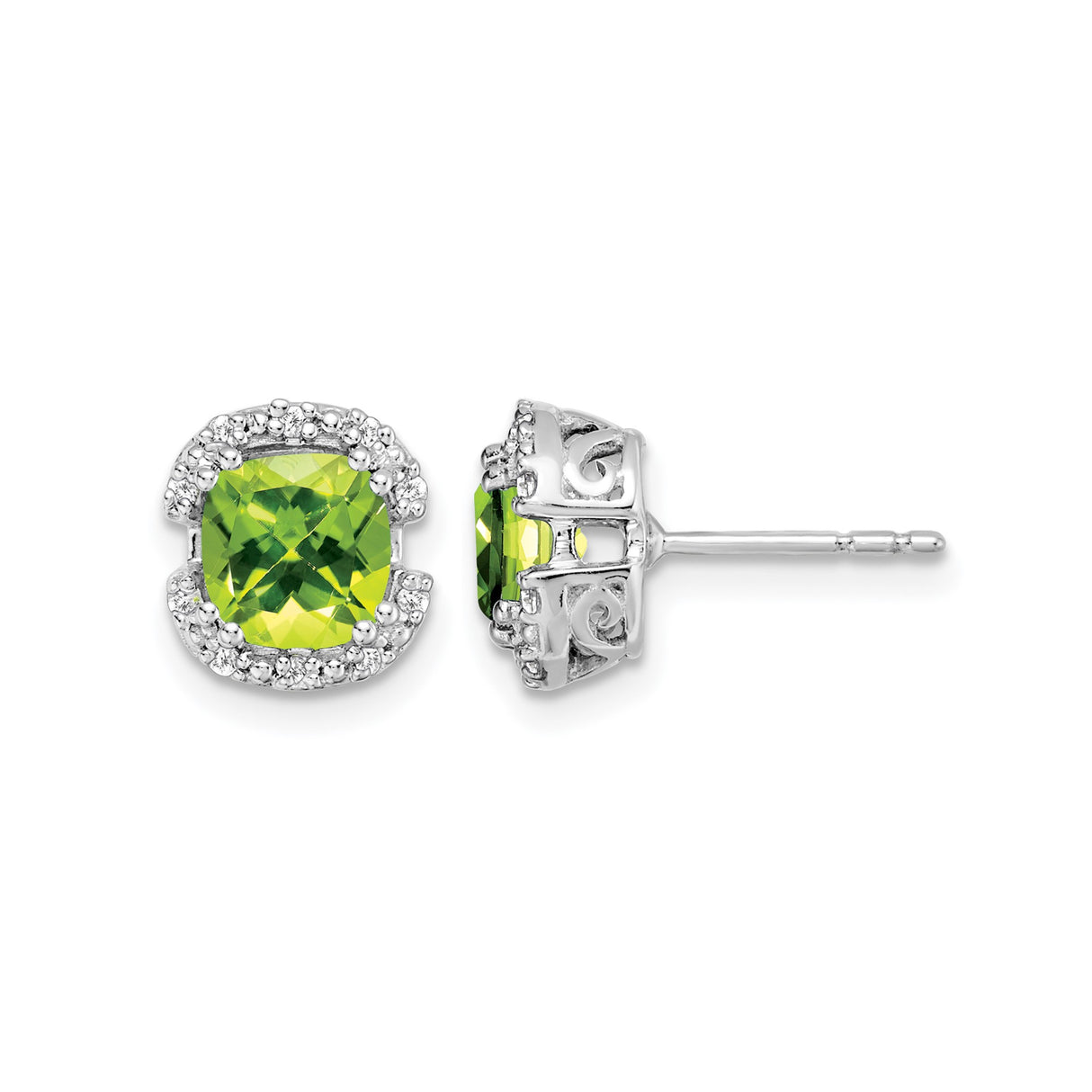 14k White Gold Peridot and Diamond Halo Stud Earrings, Cushion Cut, Scrollwork Design
