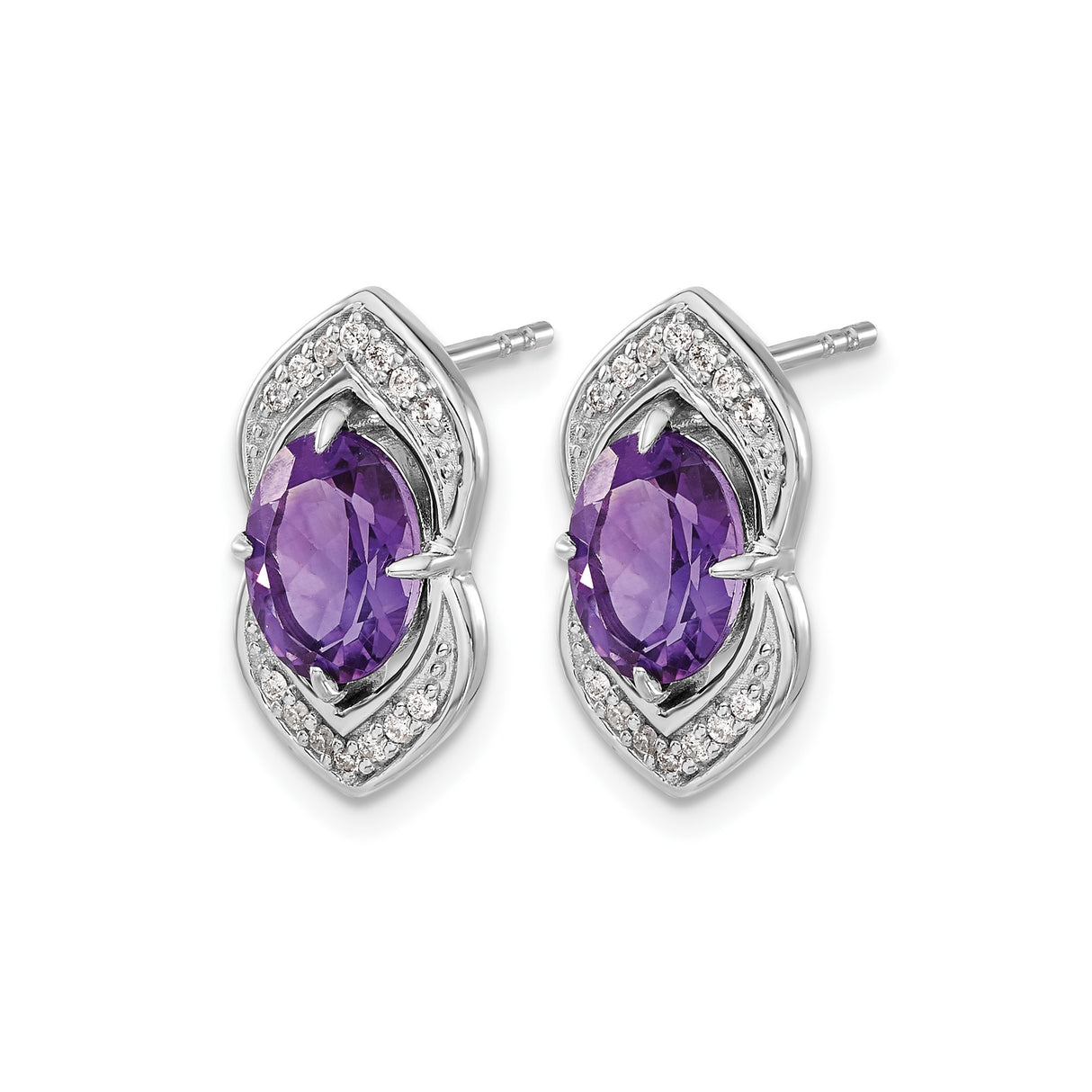 14k White Gold Amethyst and Diamond Stud Earrings, Oval and Marquise Floral Design