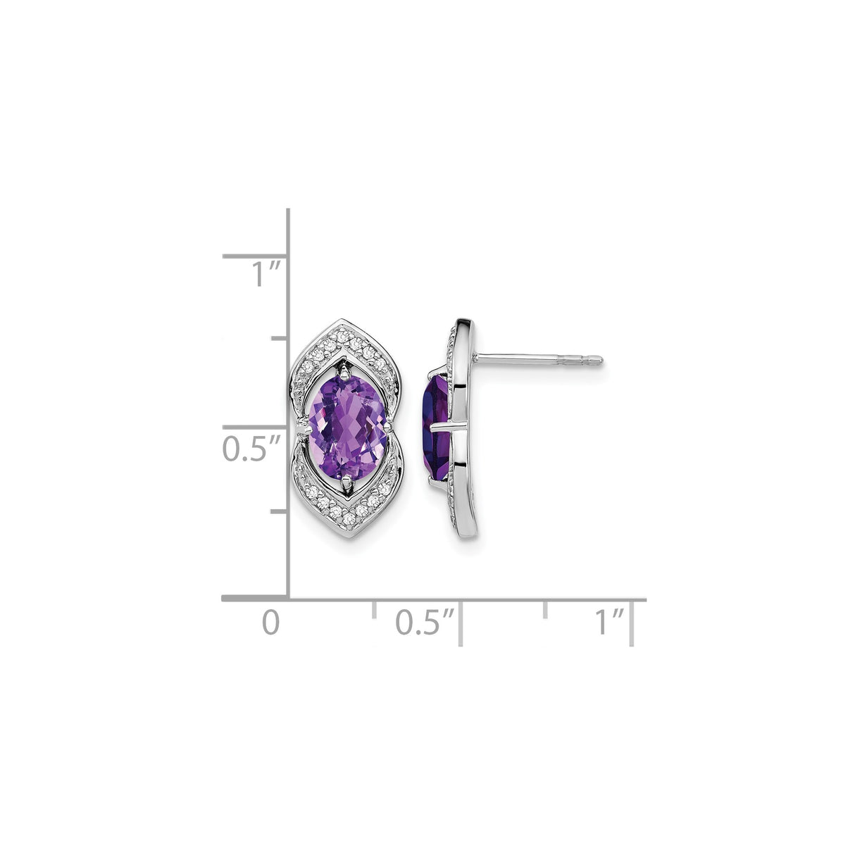14k White Gold Amethyst and Diamond Stud Earrings, Oval and Marquise Floral Design