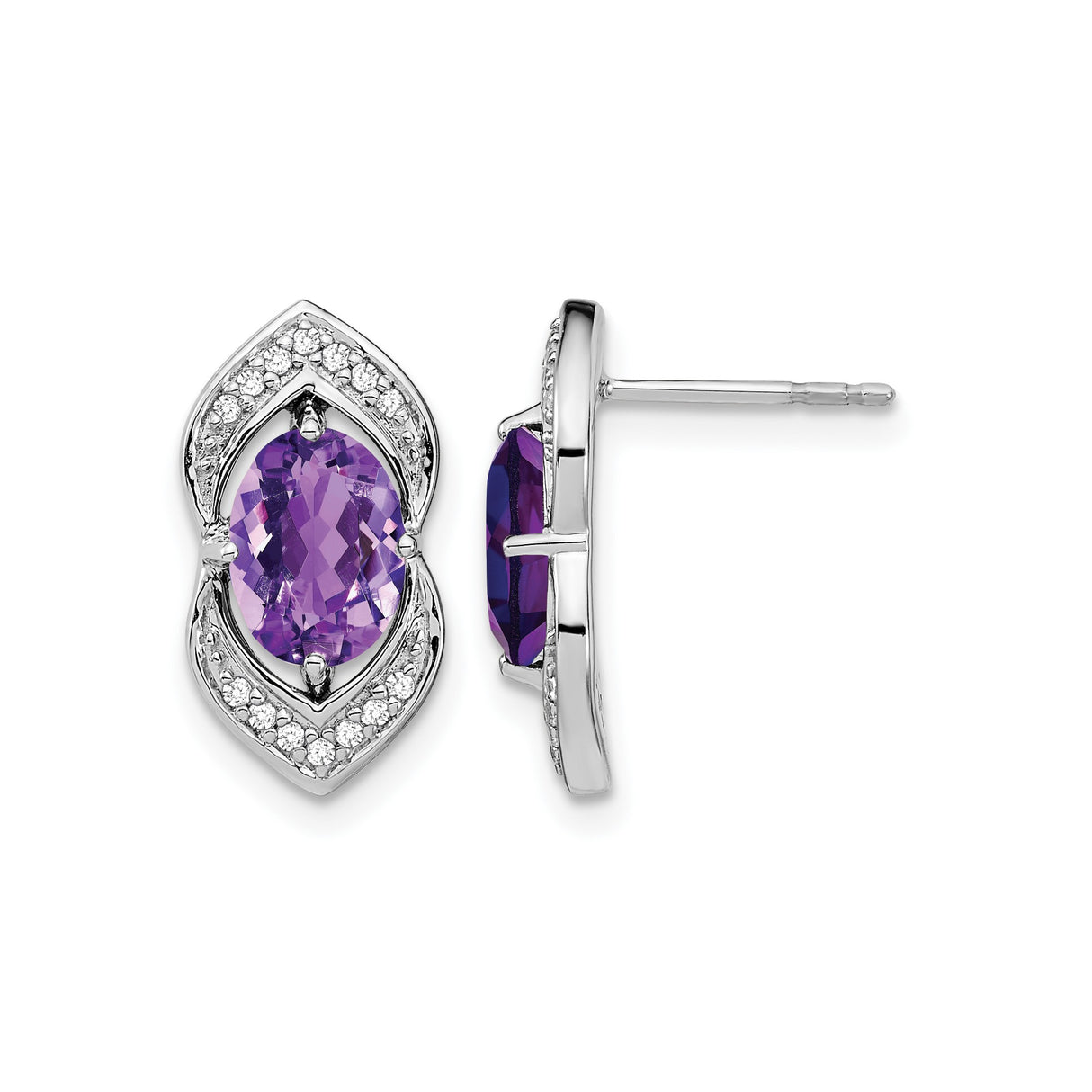 14k White Gold Amethyst and Diamond Stud Earrings, Oval and Marquise Floral Design