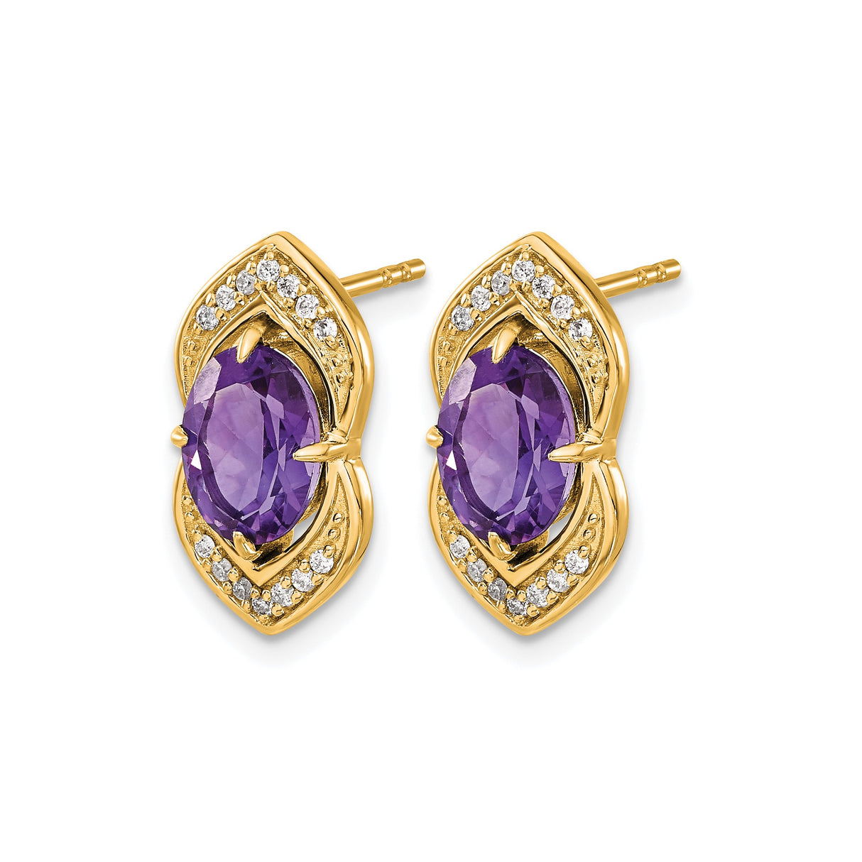 14k Yellow Gold Stud Earrings with Oval Amethyst, Marquise Settings and Diamond Accents