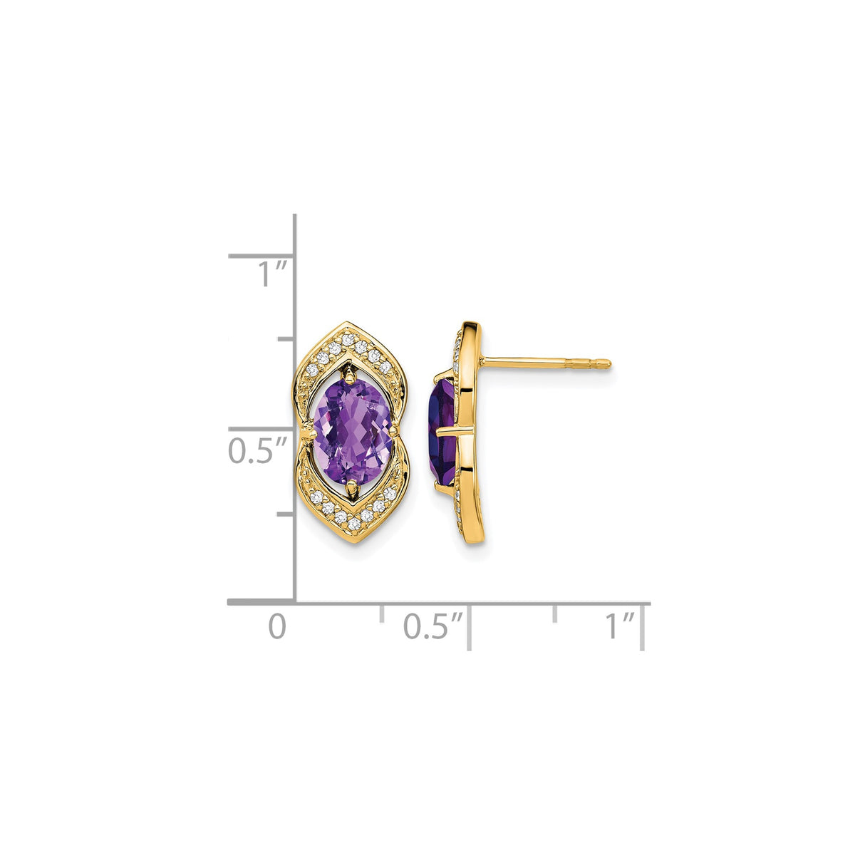 14k Yellow Gold Stud Earrings with Oval Amethyst, Marquise Settings and Diamond Accents