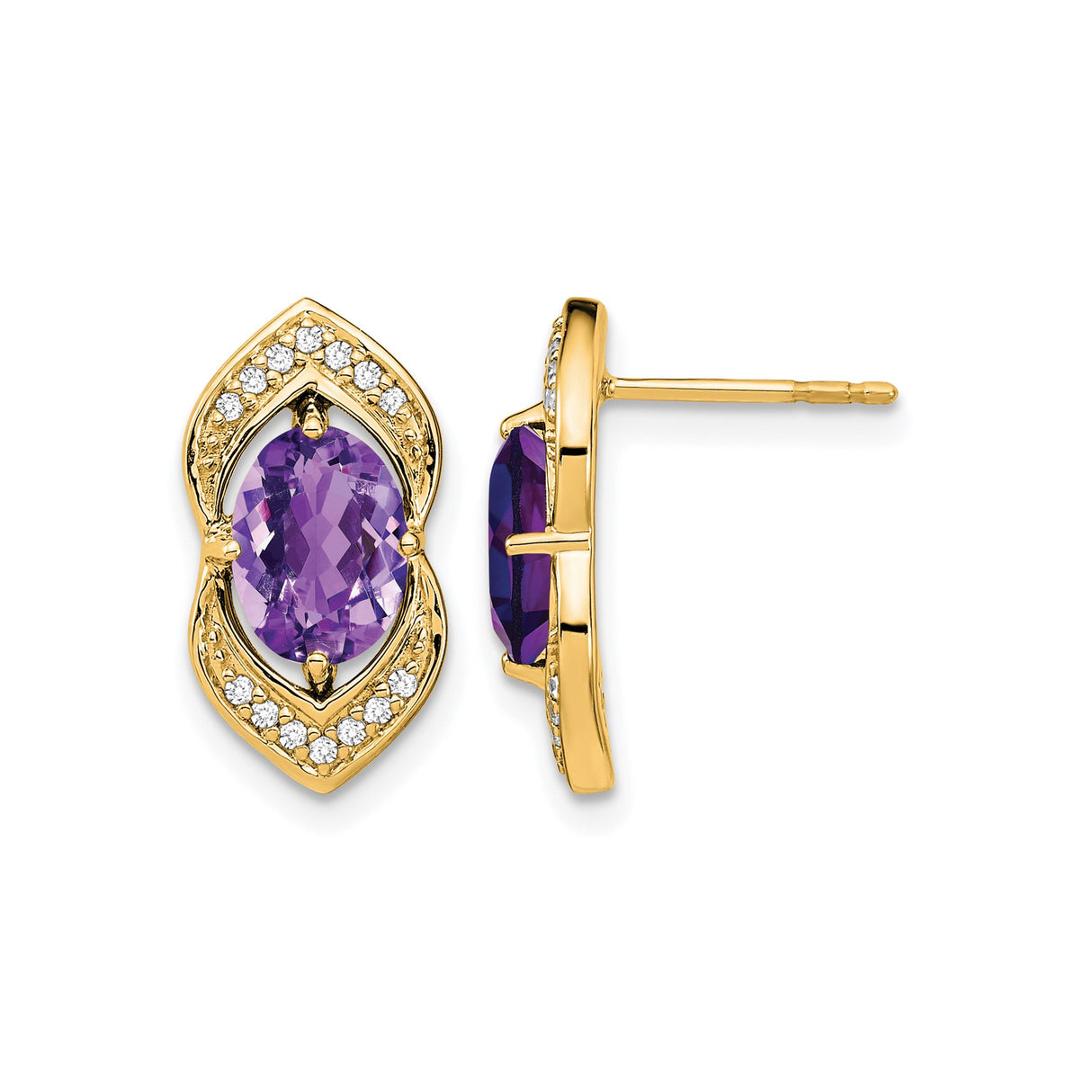 14k Yellow Gold Stud Earrings with Oval Amethyst, Marquise Settings and Diamond Accents