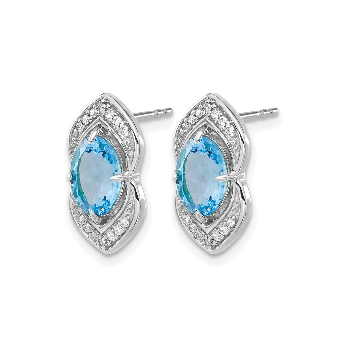 14k White Gold Stud Earrings with Swiss Blue Topaz and Diamond Accents, Marquise Style