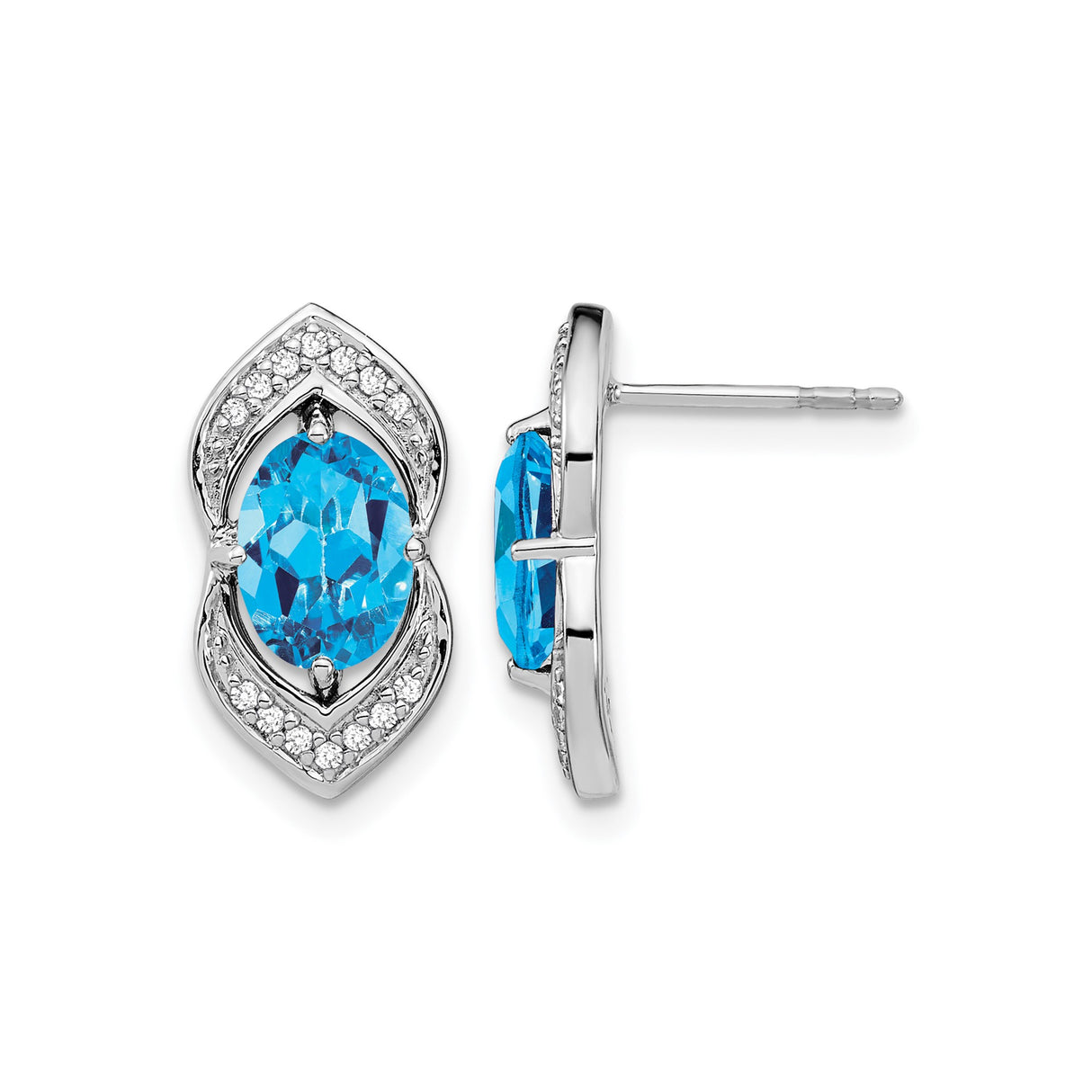 14k White Gold Stud Earrings with Swiss Blue Topaz and Diamond Accents, Marquise Style