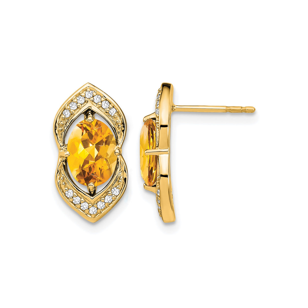 14k Yellow Gold Citrine Stud Earrings with Diamond Accents in Marquise Setting