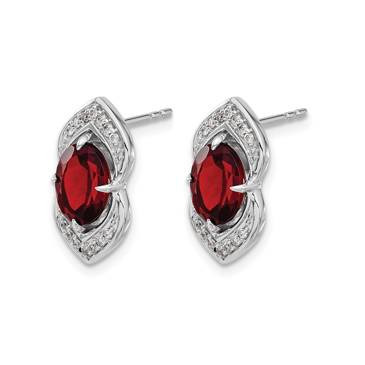 14k White Gold Stud Earrings with Oval Garnet and Diamond Accents, Marquise Design