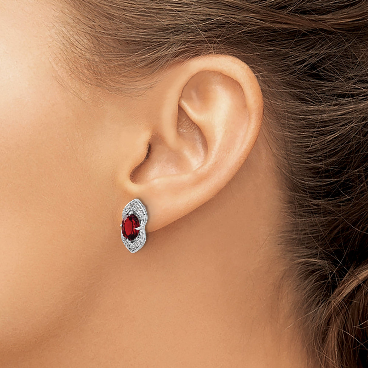 14k White Gold Stud Earrings with Oval Garnet and Diamond Accents, Marquise Design
