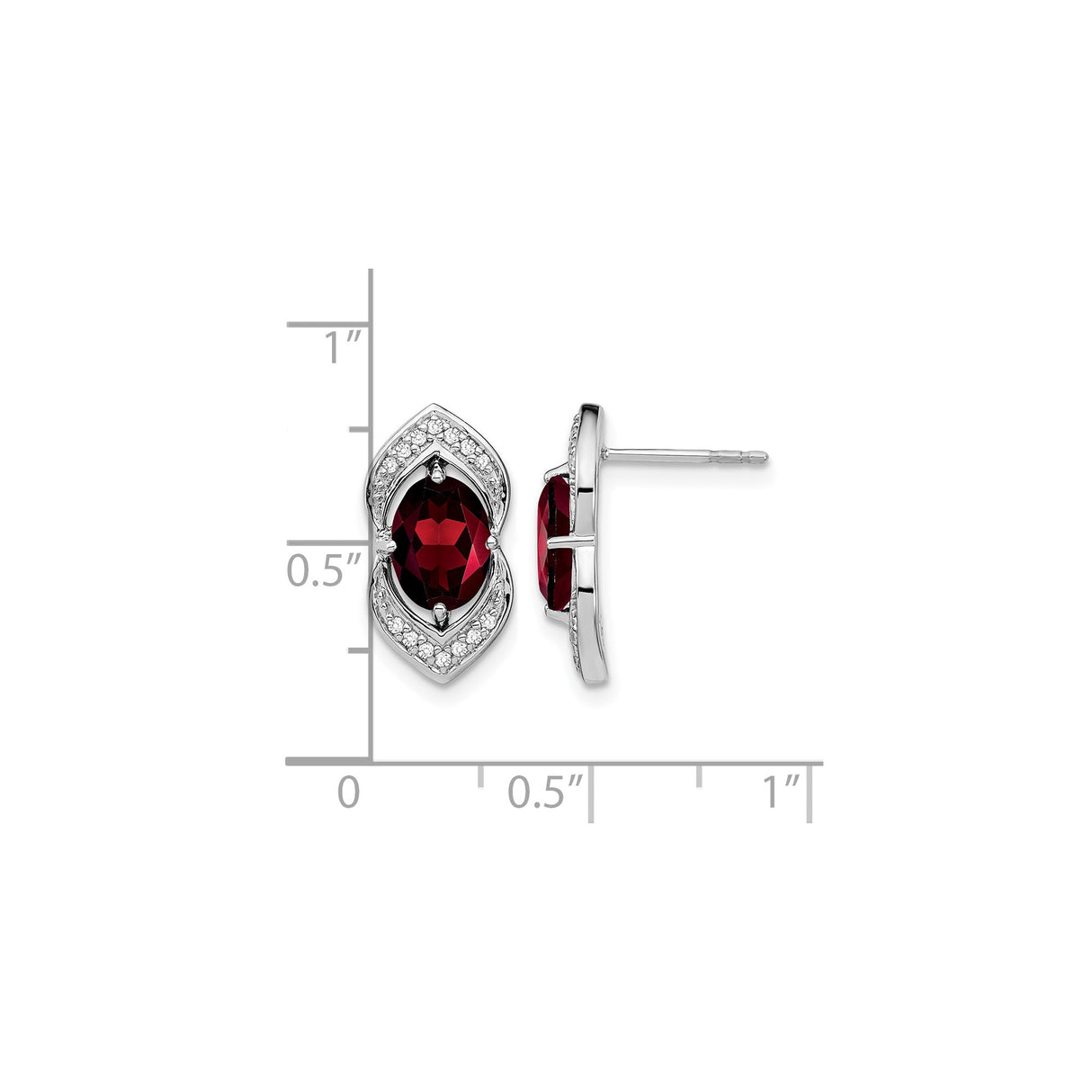 14k White Gold Stud Earrings with Oval Garnet and Diamond Accents, Marquise Design