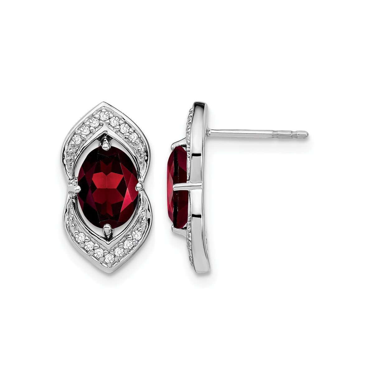 14k White Gold Stud Earrings with Oval Garnet and Diamond Accents, Marquise Design