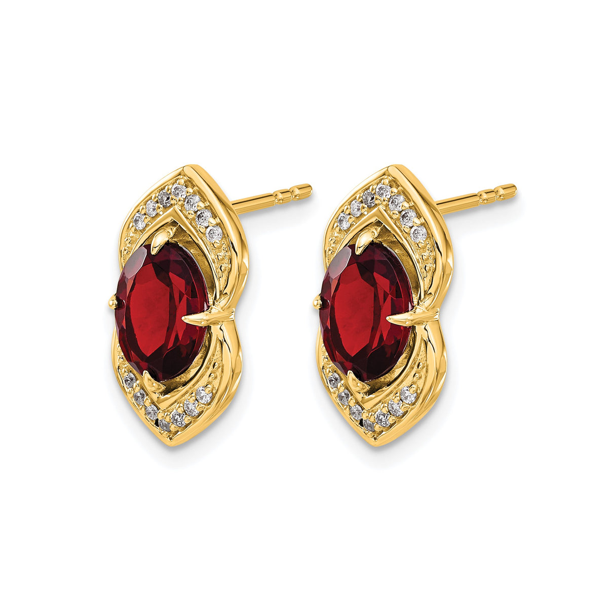 14k Yellow Gold Garnet Stud Earrings with Marquise Settings and Diamond Accents