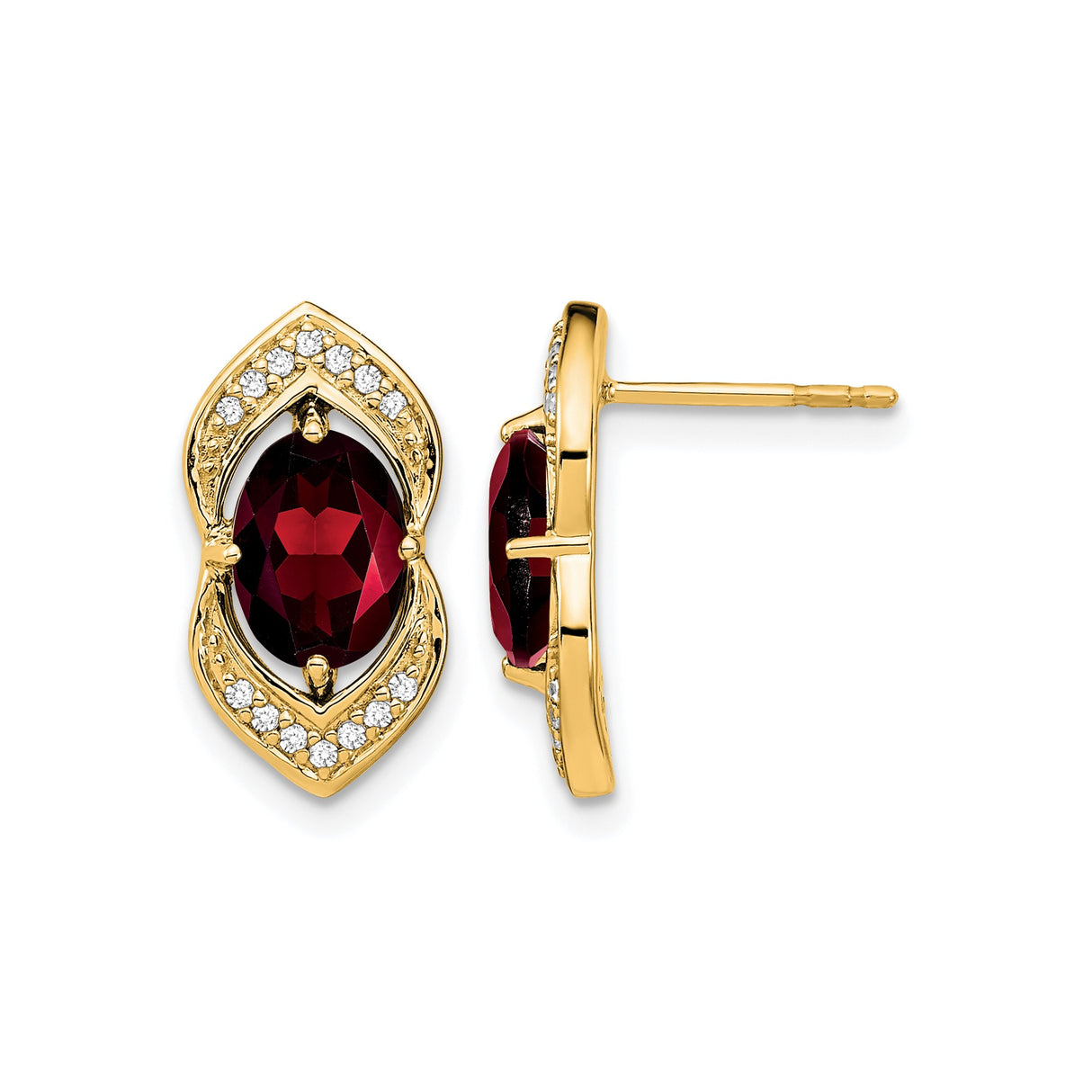 14k Yellow Gold Garnet Stud Earrings with Marquise Settings and Diamond Accents
