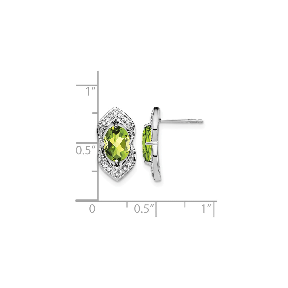 14k White Gold Stud Earrings with Marquise Peridot and Diamond Accents, Leaf Design