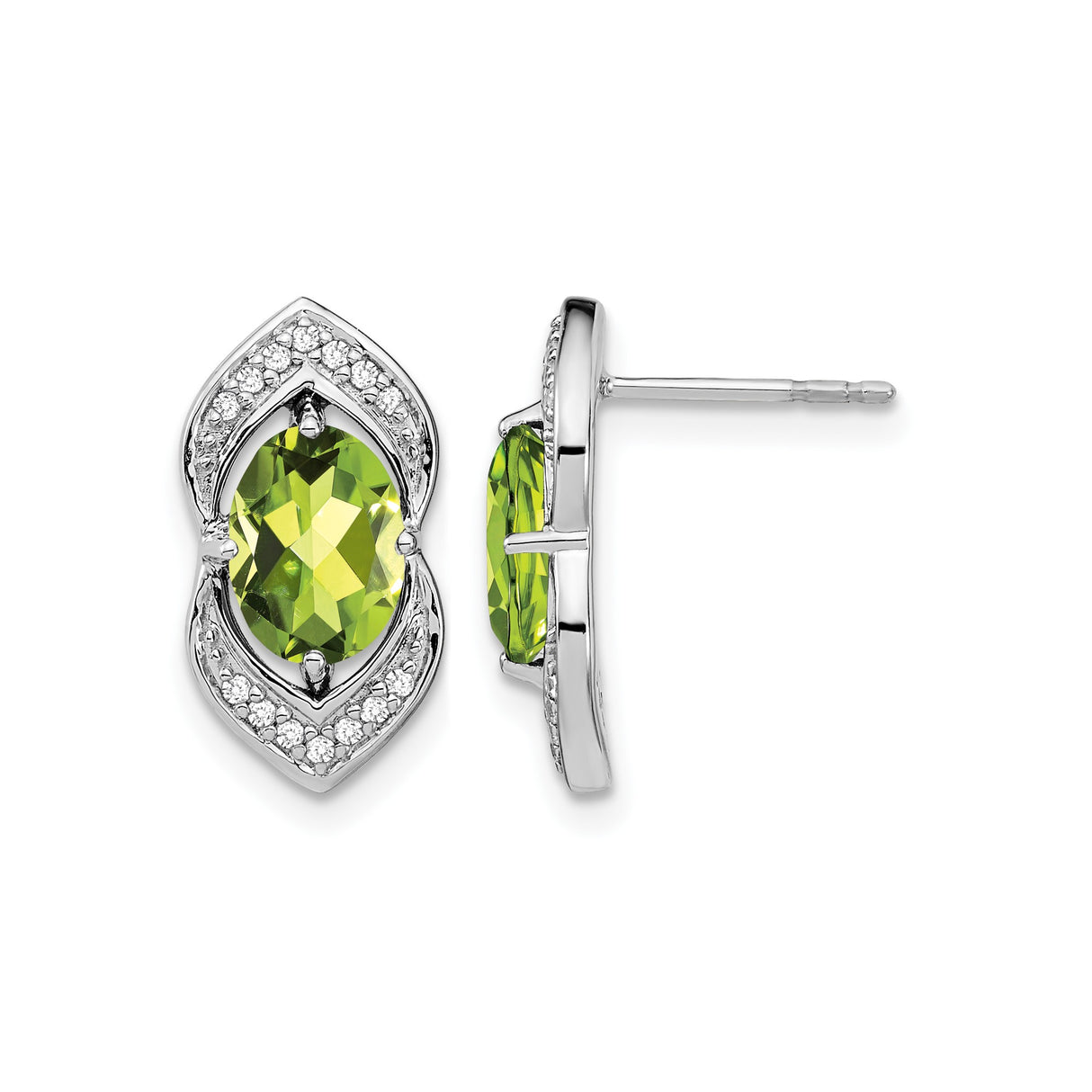 14k White Gold Stud Earrings with Marquise Peridot and Diamond Accents, Leaf Design