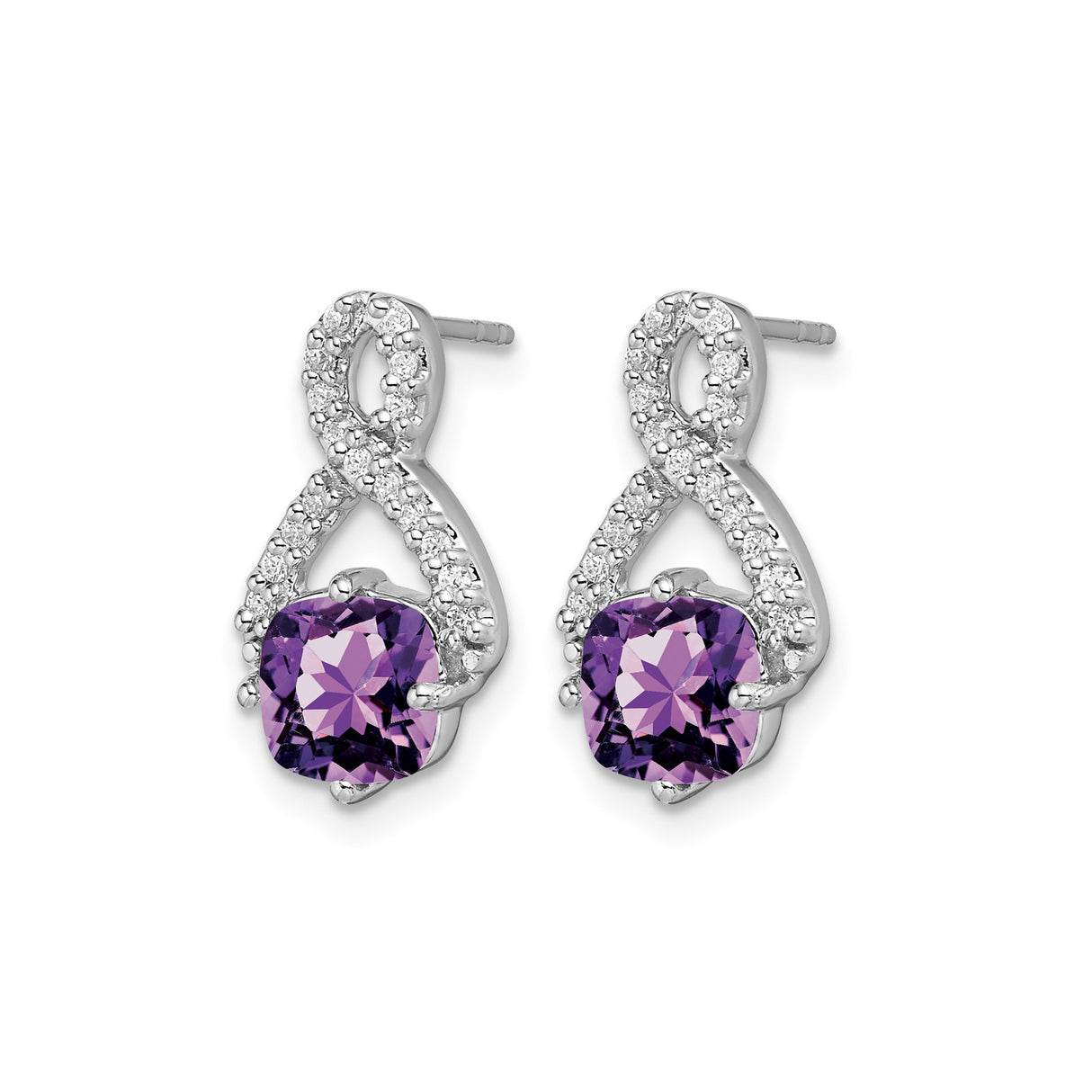 14k White Gold Amethyst Stud Earrings with Diamond Accent, Infinity Design
