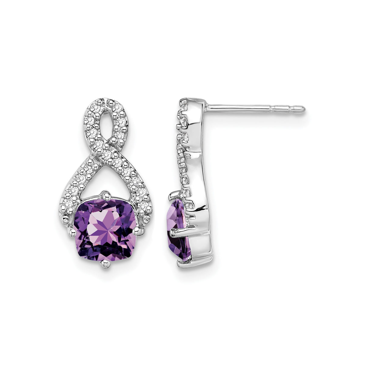 14k White Gold Amethyst Stud Earrings with Diamond Accent, Infinity Design