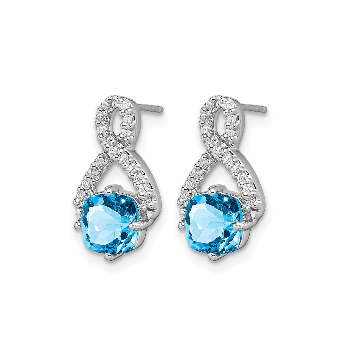 14k White Gold Dangle Earrings with Swiss Blue Topaz, Diamond Accents, Infinity Drop Design