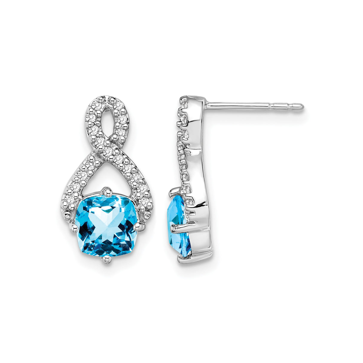 14k White Gold Dangle Earrings with Swiss Blue Topaz, Diamond Accents, Infinity Drop Design