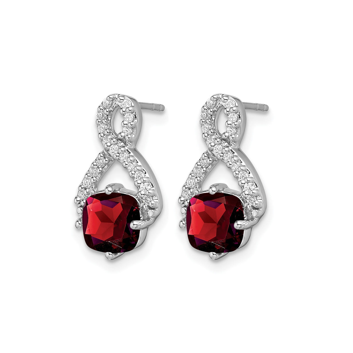 14k White Gold Infinity Stud Earrings with Garnet and Diamond Accents