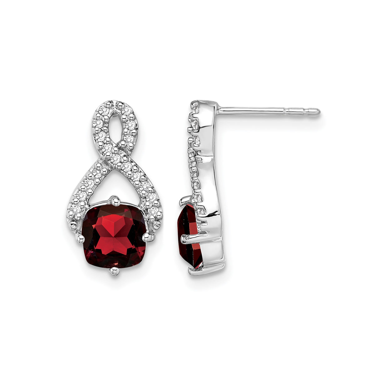 14k White Gold Infinity Stud Earrings with Garnet and Diamond Accents
