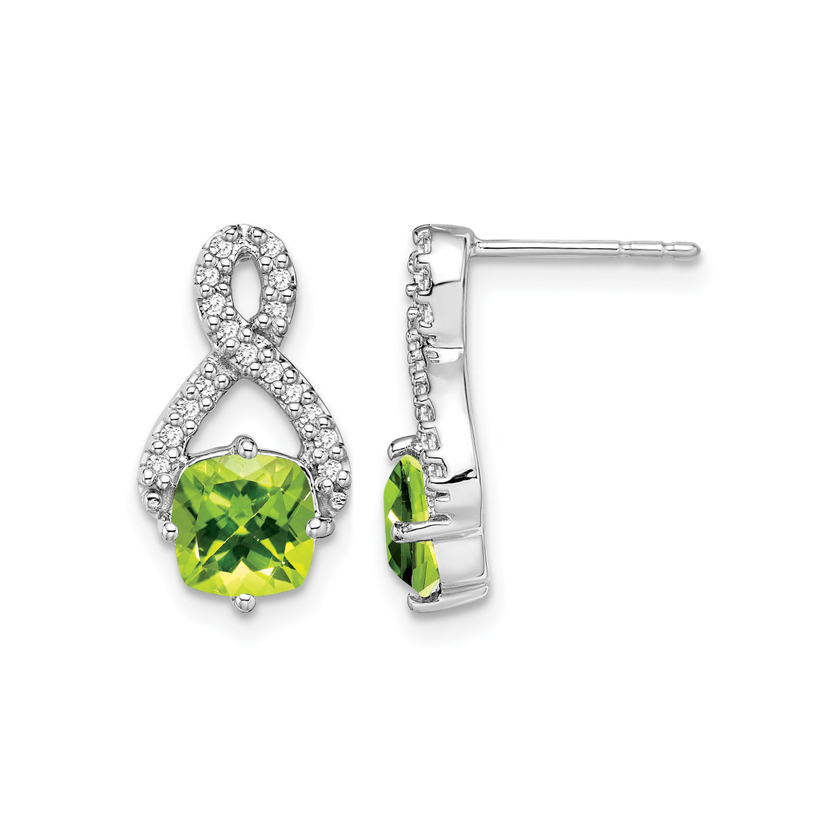 14k White Gold Infinity Dangle Earrings with Peridot and Diamond Accents