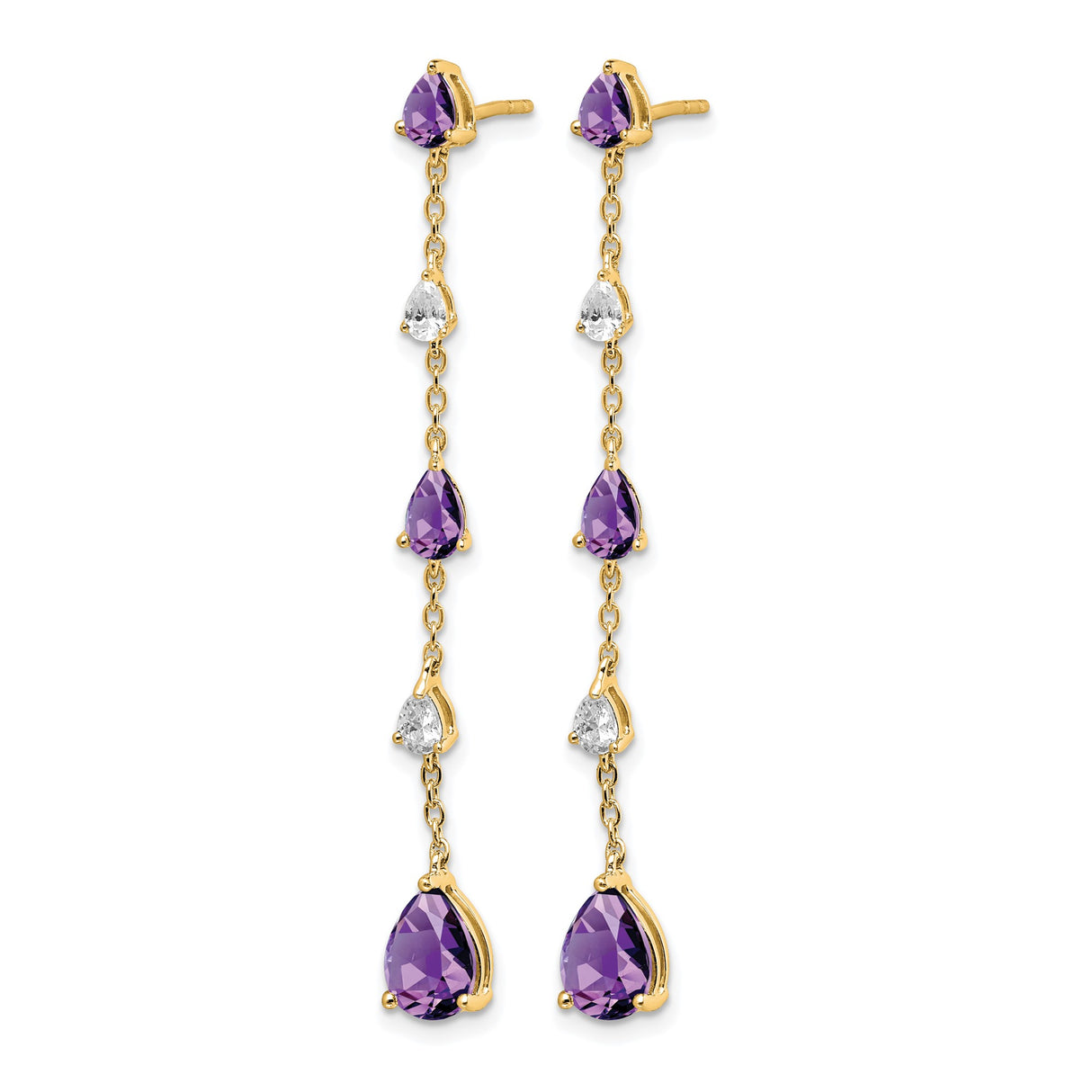 14k Yellow Gold Dangle Earrings with Pear Shaped Amethyst and White Topaz, Long Drop Style