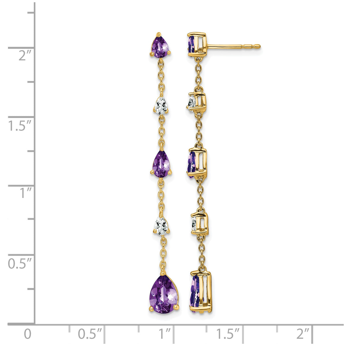 14k Yellow Gold Dangle Earrings with Pear Shaped Amethyst and White Topaz, Long Drop Style