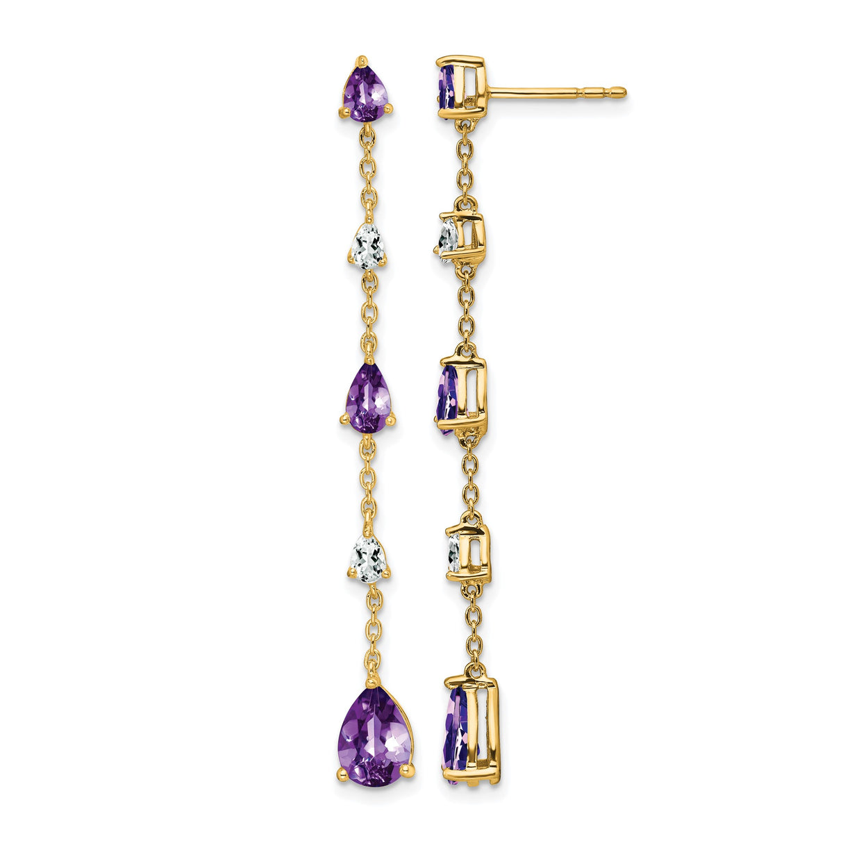 14k Yellow Gold Dangle Earrings with Pear Shaped Amethyst and White Topaz, Long Drop Style