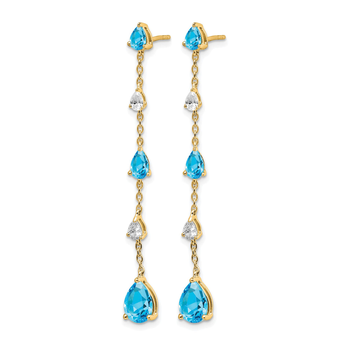 14k Yellow Gold Dangle Earrings with Pear Shaped Swiss Blue Topaz, Long Linear Drop Design