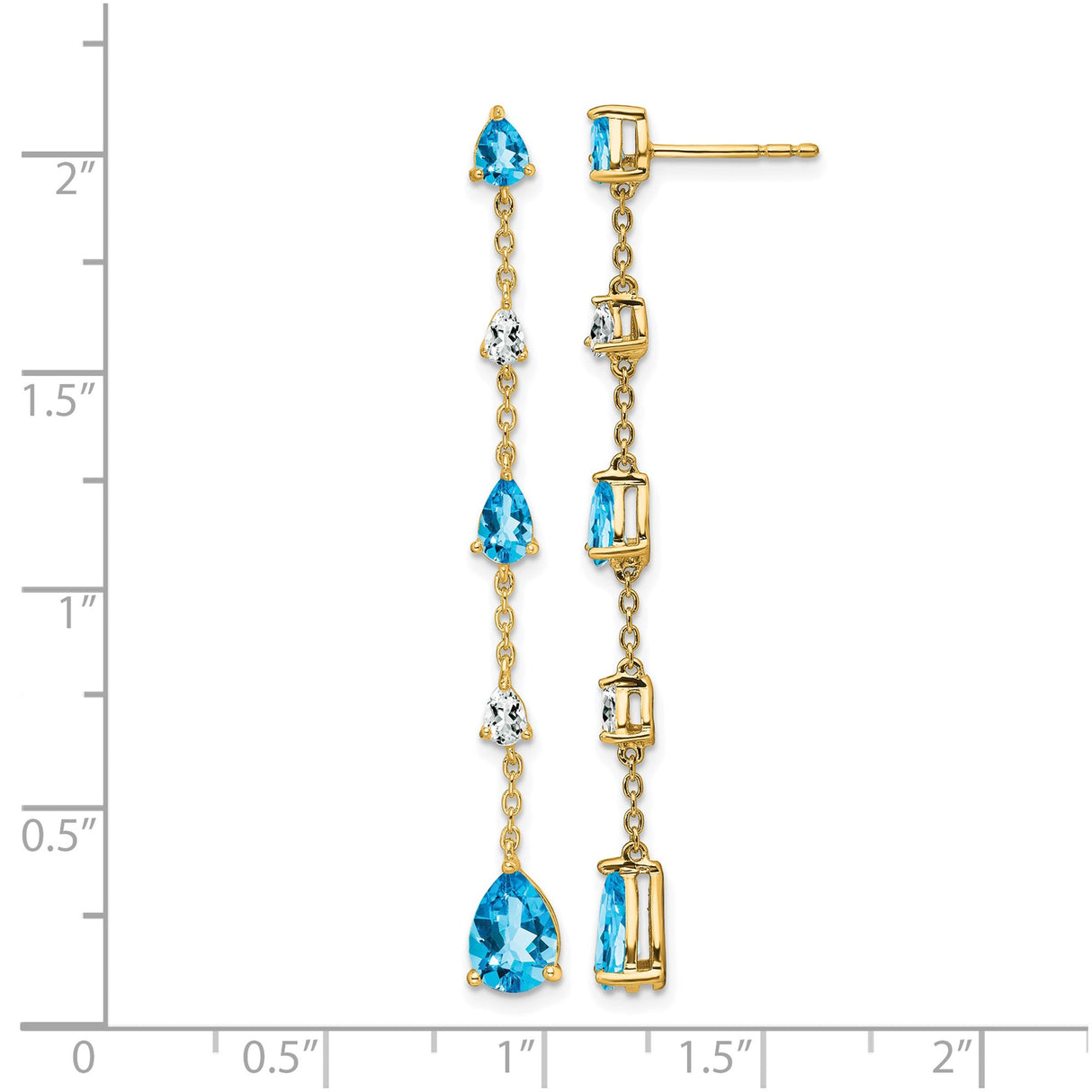 14k Yellow Gold Dangle Earrings with Pear Shaped Swiss Blue Topaz, Long Linear Drop Design