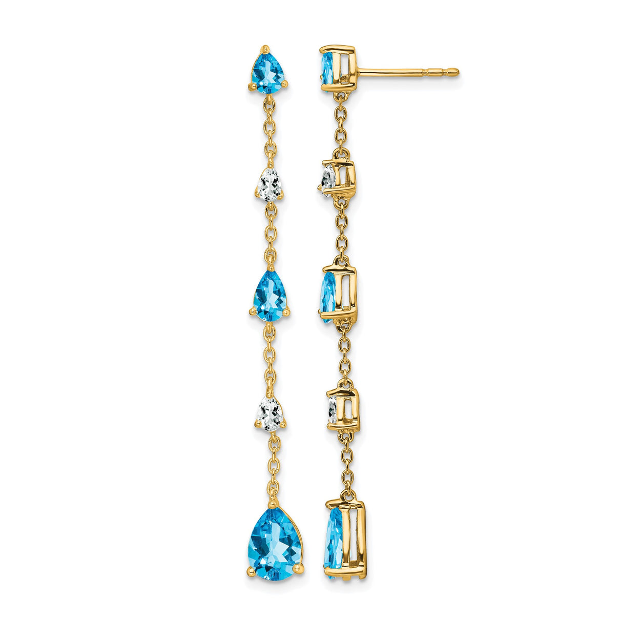 14k Yellow Gold Dangle Earrings with Pear Shaped Swiss Blue Topaz, Long Linear Drop Design