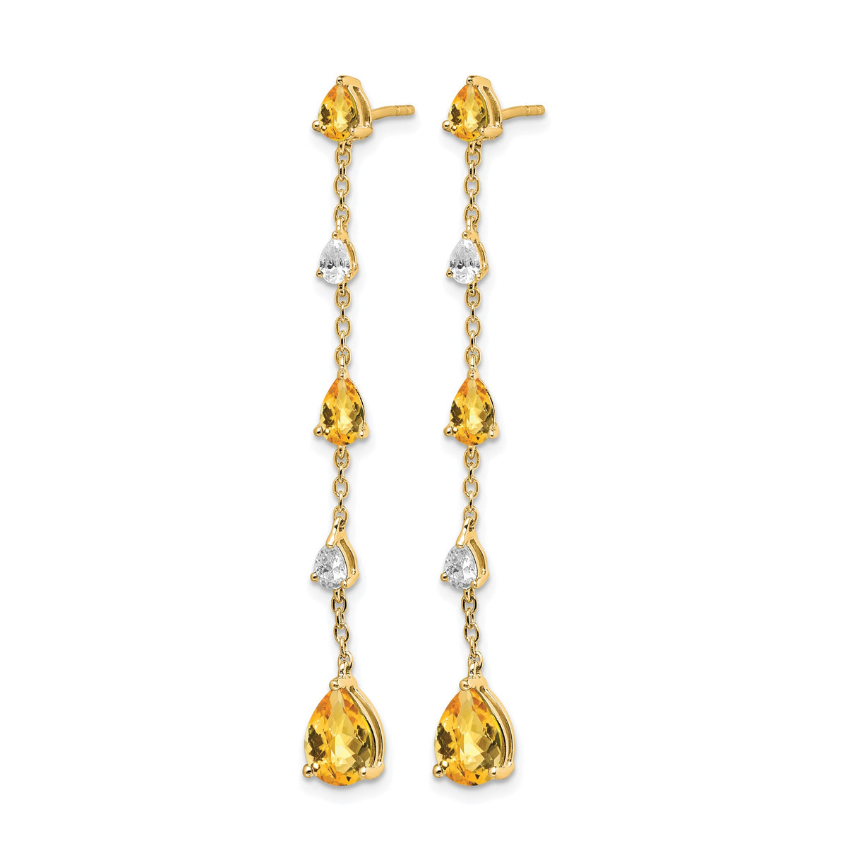 14k Yellow Gold Dangle Earrings with Pear Shaped Citrine and White Topaz, Asymmetrical Drop Design