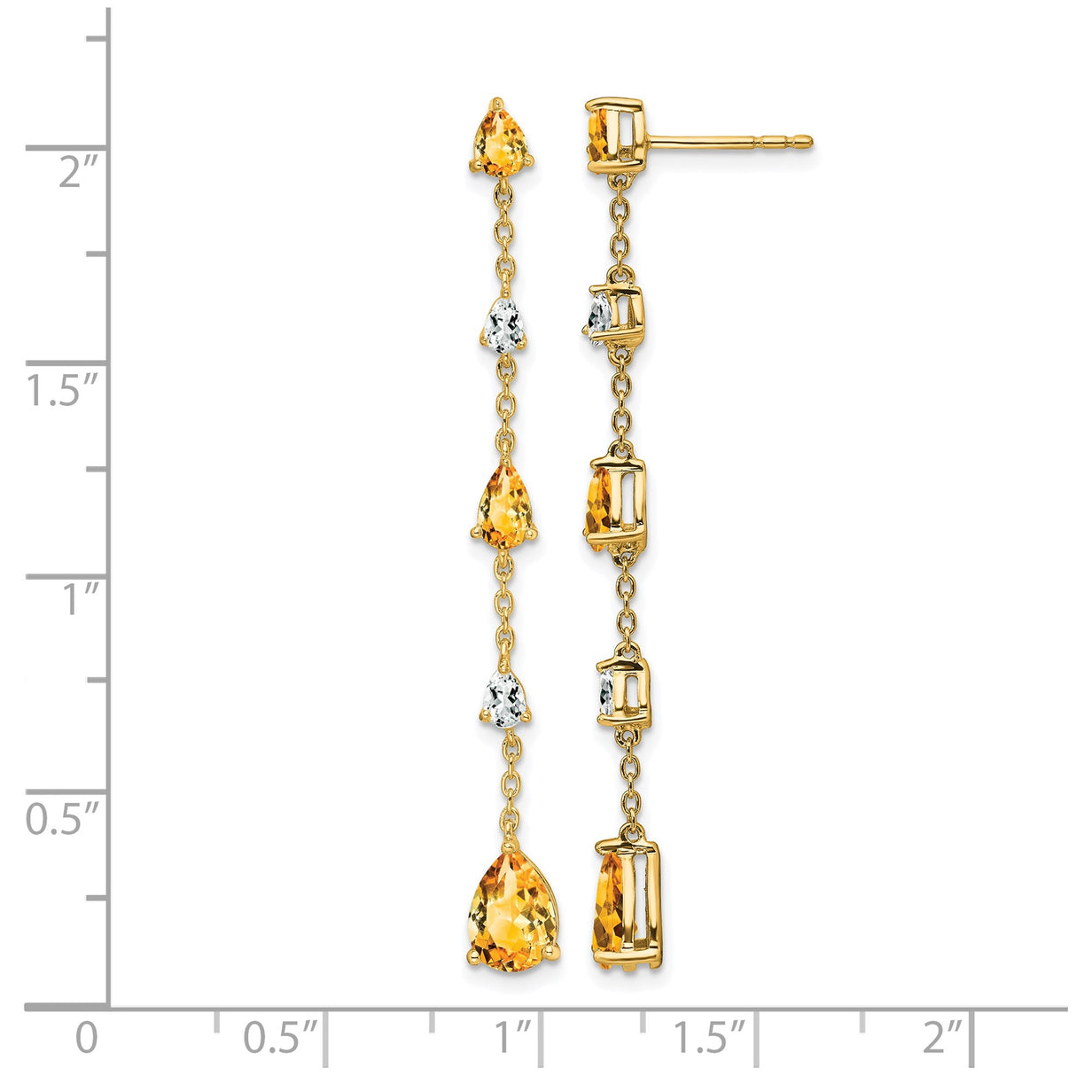 14k Yellow Gold Dangle Earrings with Pear Shaped Citrine and White Topaz, Asymmetrical Drop Design
