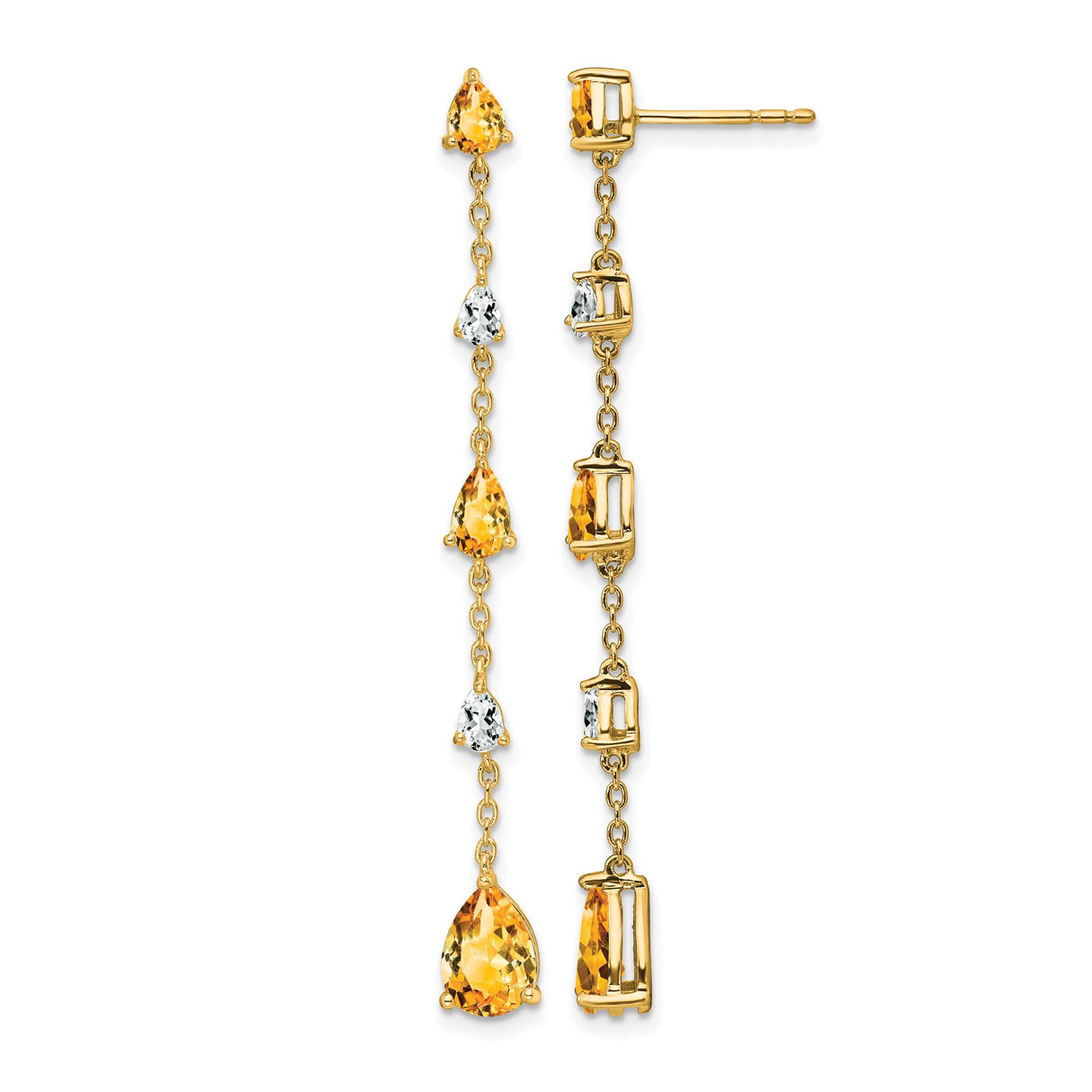 14k Yellow Gold Dangle Earrings with Pear Shaped Citrine and White Topaz, Asymmetrical Drop Design