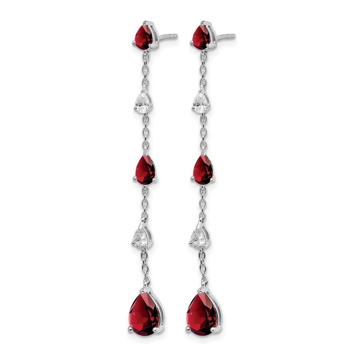 14k White Gold Dangle Earrings with Pear Shaped Garnet and Cubic Zirconia, Linear Drop Style