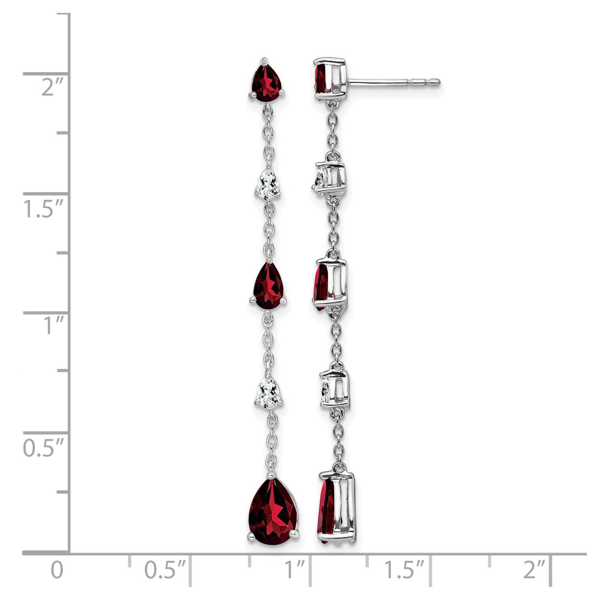14k White Gold Dangle Earrings with Pear Shaped Garnet and Cubic Zirconia, Linear Drop Style