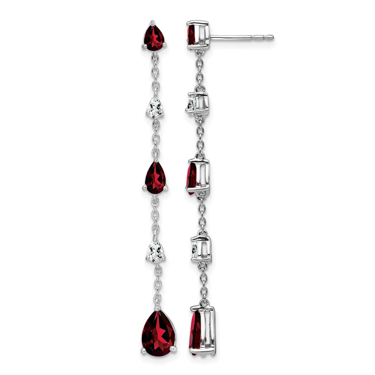 14k White Gold Dangle Earrings with Pear Shaped Garnet and Cubic Zirconia, Linear Drop Style