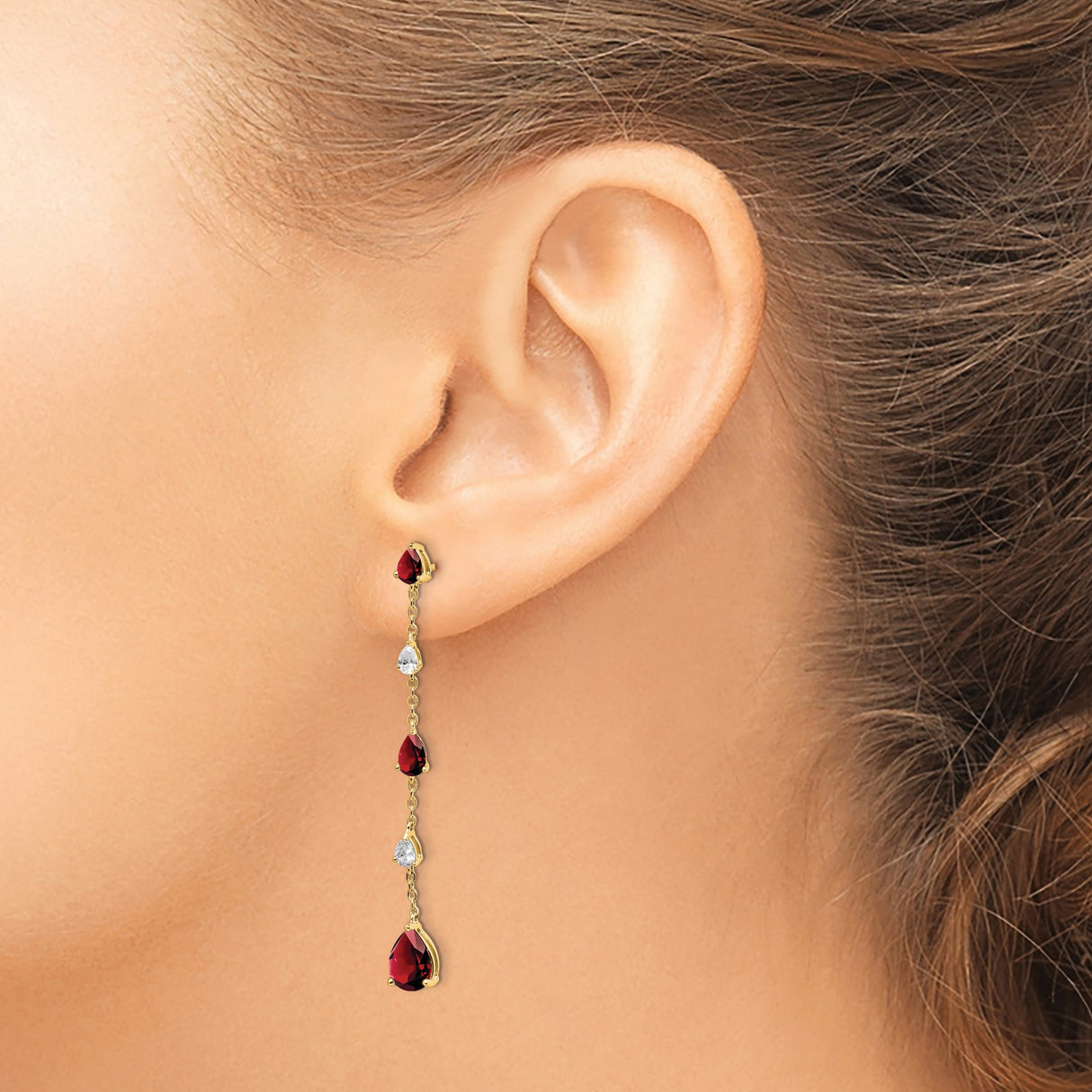 14k Yellow Gold Dangle Earrings with Garnet and Cubic Zirconia in Linear Drop Design