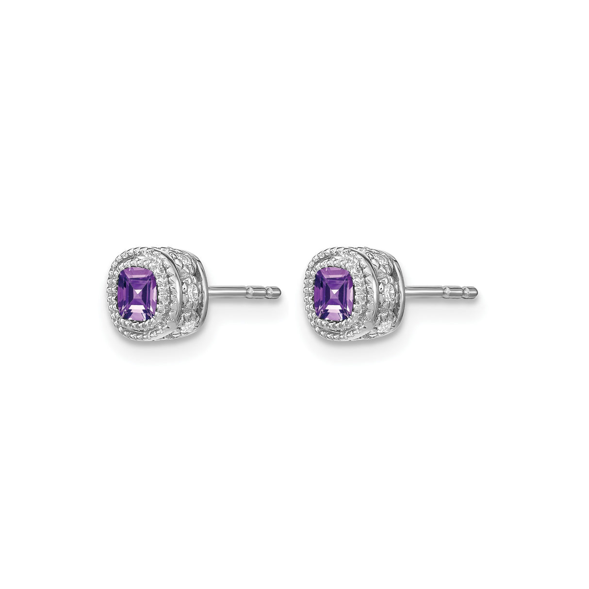 10k White Gold Amethyst Stud Earrings with Diamond Halo, February Birthstone Jewelry for Women